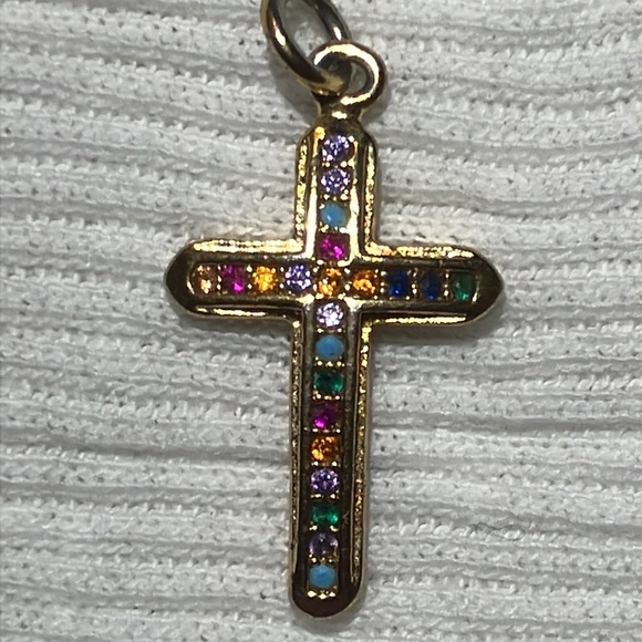 Tiny Gold Cross Pendant with Stones - Picture 2 of 6